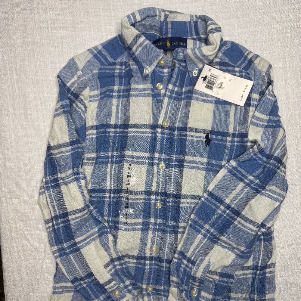 Boys Polo Ralph Lauren Classic Fit Blue/White Plaid Cotton Flannel Long Sleeve